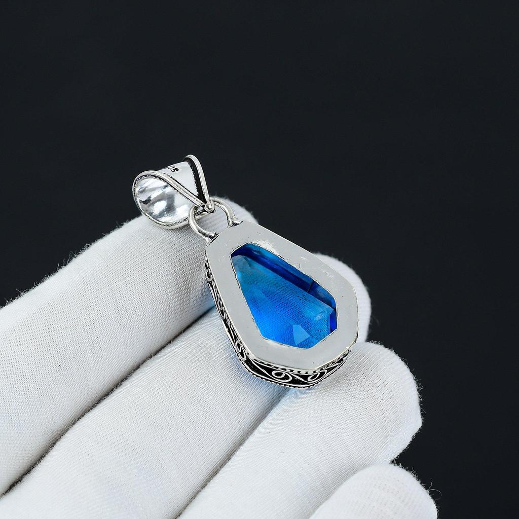 Coffin Shape Swiss Blue Topaz Pendant, 925 Sterling Silver Pendant, Handmade Pendant, Coffin Gemstone Jewelry, Silver Jewelry For Women Gift