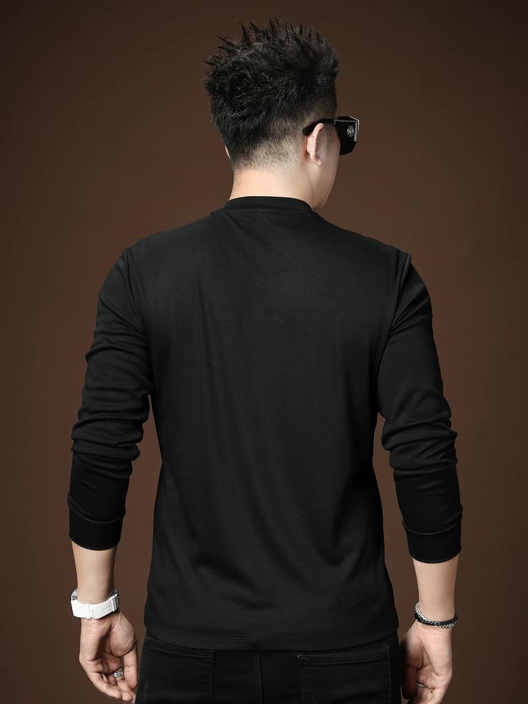 European Long-Sleeve T-Shirt for Men, 2025 Autumn New Fashion Brand, Semi-High Collar, Slim Fit, Rhinestone Embellished Base Shirt, Men's T-Shirt