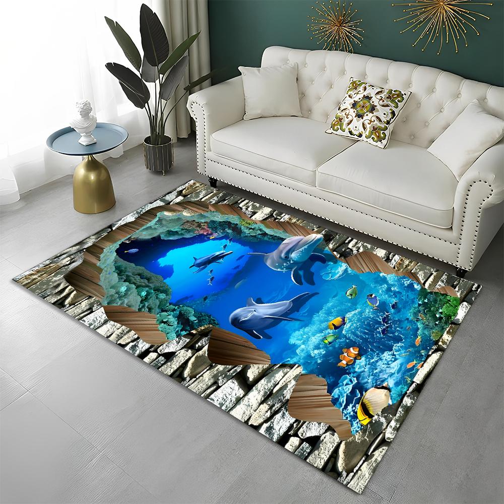 3D Seabed Illusion Underwater World Carpet Rug for Home Living Room Bedroom Sofa Doormat Decor,kids Area Rug Non-slip Floor Mat