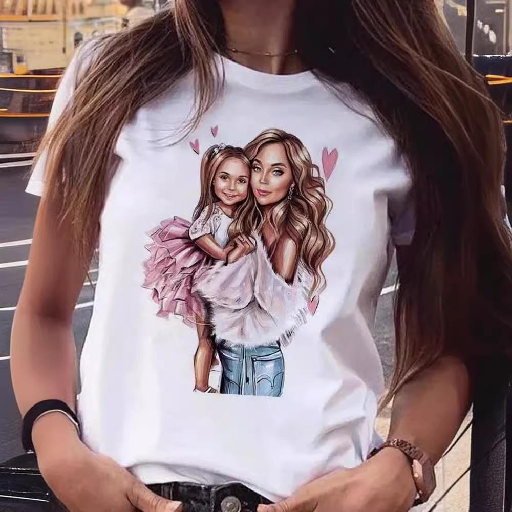 Cartoon Mother and Son Daughter Pattern Printed Women's T-Shirt Summer Casual Harajuku T-Shirt