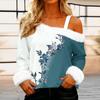 Women's Off-the-shoulder Plush Neck Printed Long-sleeved Pullover T-shirt Top