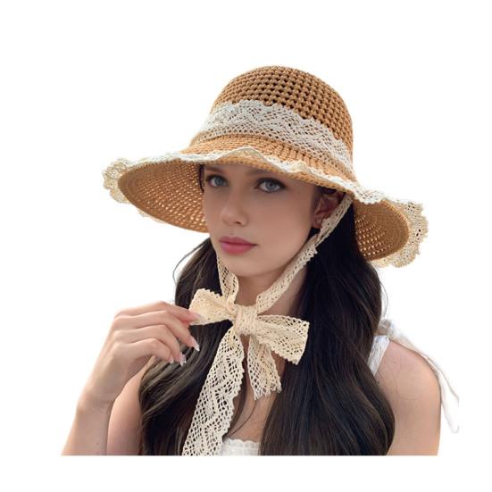 

Beach Hat Natural High-Density Straw Fabric Sun Protection Wide Brim Dome Design Sun Hat Lace Bow Faux Pearls Decor Summer Hat G