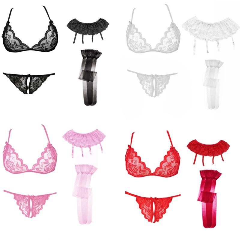 5Pcs Sexy Erotic Lingerie Sets!Lace Bra Set Garter Belt Whit Stockings Set for Women,Lace Bra+Panties +Stockings +Garter Belt Suspenders Lingerie Sets