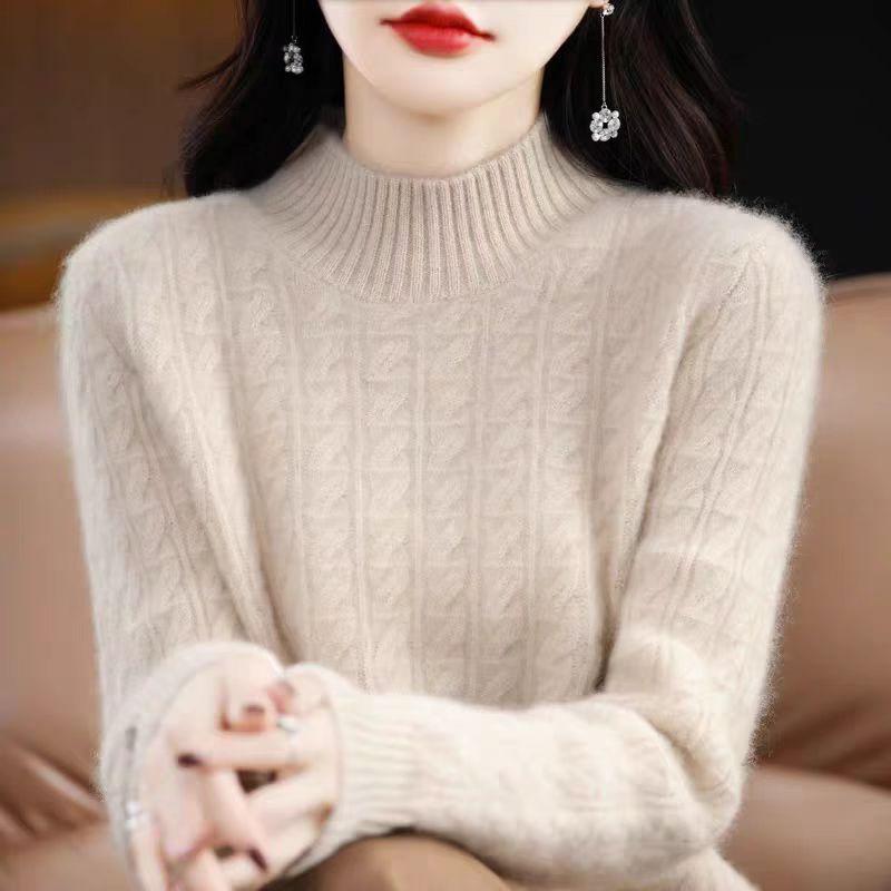 Cashmere Sweater Women's Half Turtleneck Knitted Sweater Casual Pullover Thickened Knitted Sweater with Loose Solid Color Base Layer