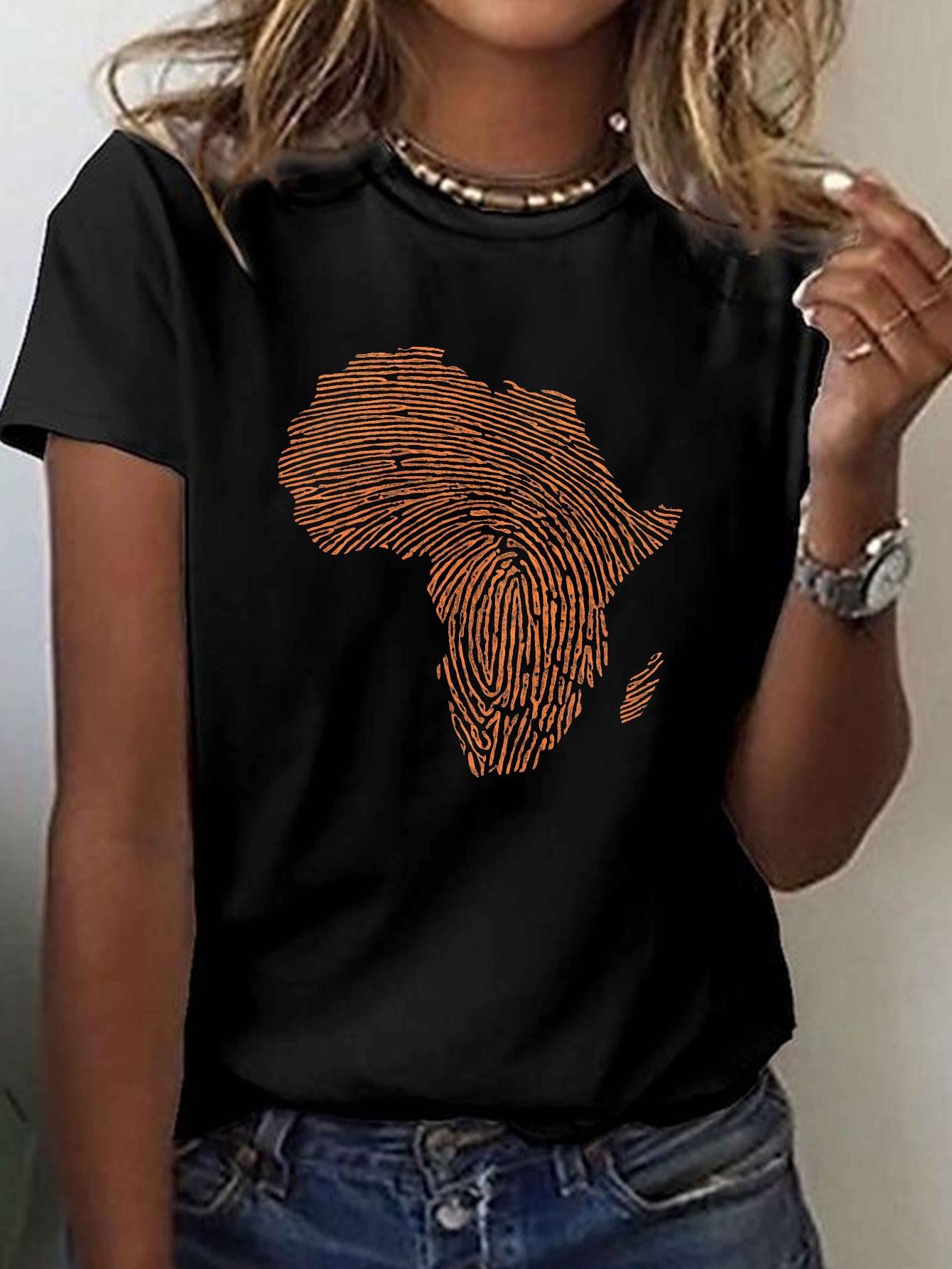 

[African Print T-shirt] African Continent Fingerprint Print T-shirt - Women s Short Sleeve Crew Neck Casual Top for Summer & Spring Clothing L чёрный