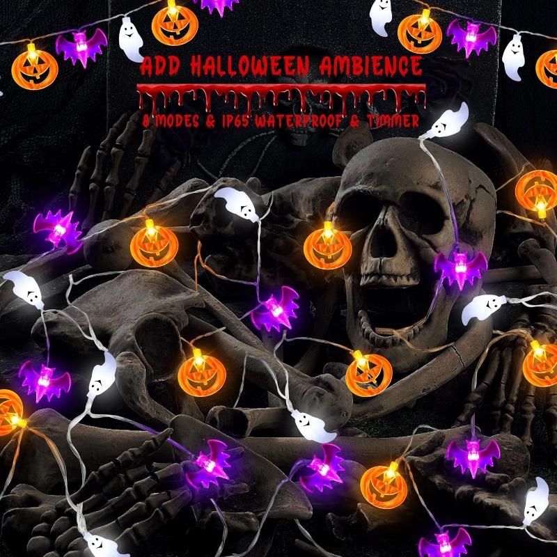 Halloween String Lights with Timer 20 LED Ghost Bat Pumpkin Light 8 Lighting Modes Waterproof for Halloween Party Decor 3 Meters