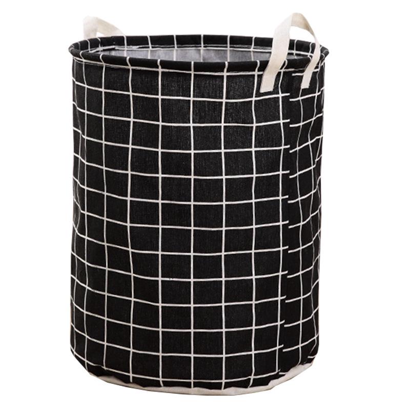 

Foldable Cotton Linen Laundry Hamper: Round Waterproof Plaid Storage Bin for Dirty Clothes and Toys чёрный