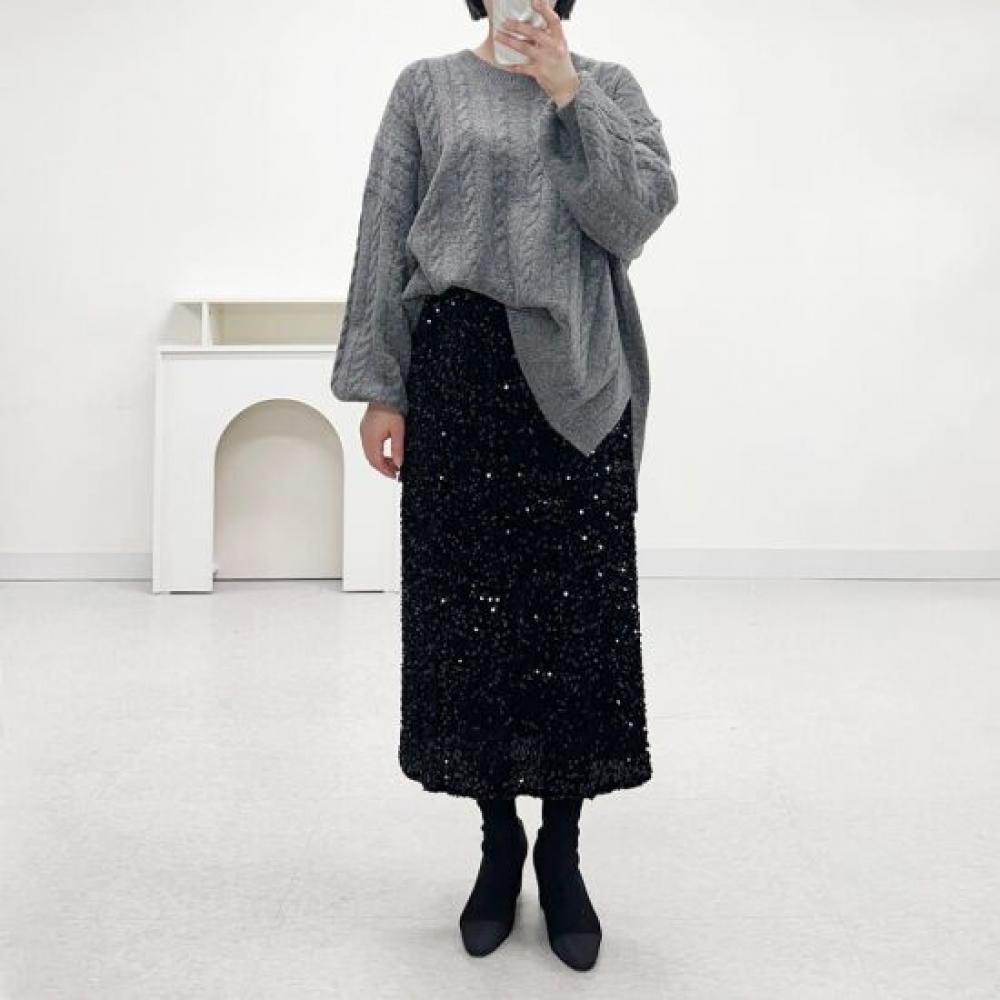 Mizqz H Line Velvet Sequin Slit Banding Long Skirt