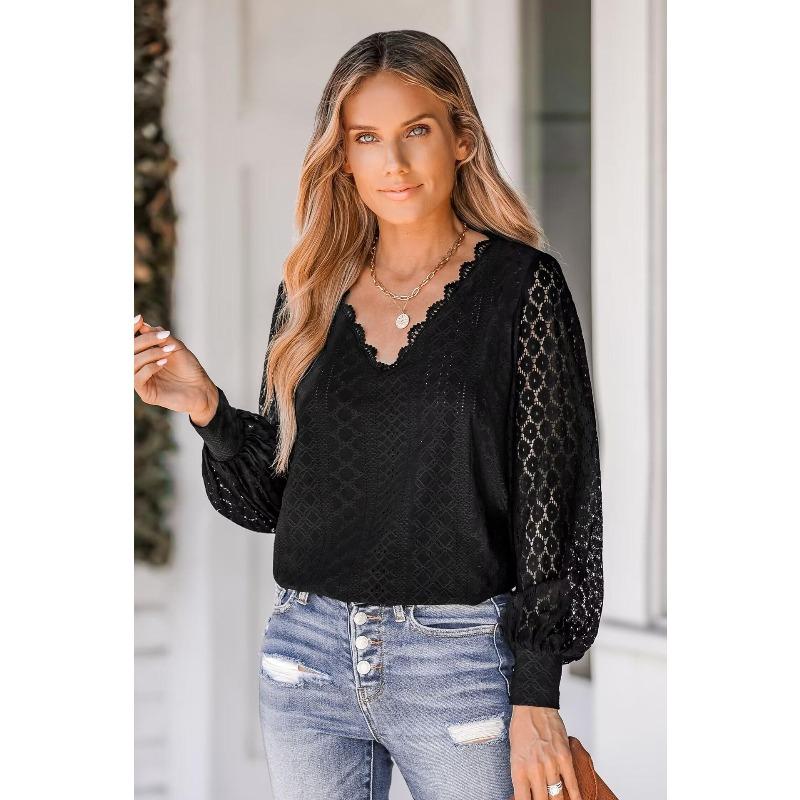 Women's Shirt Autumn New V-neck Loose Lace Patchwork Lantern Sleeves White Women's Blouse Fashion Tops Vintage Elegant Slim Fit Black Ladies Blouses