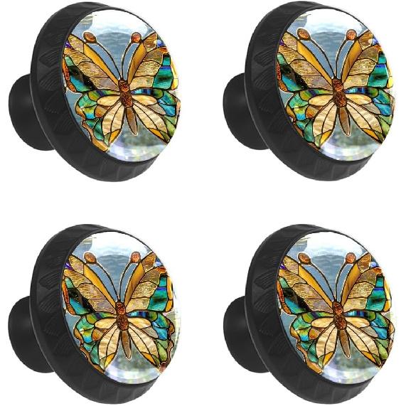 4 Pack Cabinet Knobs Stained Glass Butterfly Drawer Pulls Crystal Glass Round Knobs Handles for Dressers Drawer Bathroom Kitchen Cupboards Wardrobes