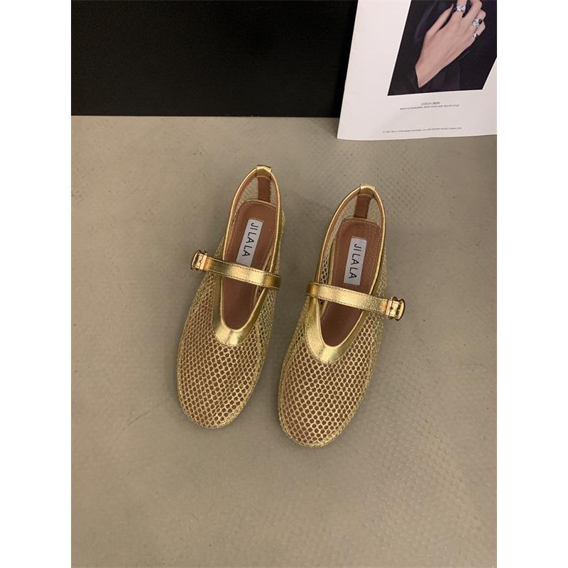 Fishnet Shoes Ballet Shoes Women's 2025 New Mesh One-word Buckle Outer Wear Flat Bottom Hollow Retro Mary Jane Single Shoes
