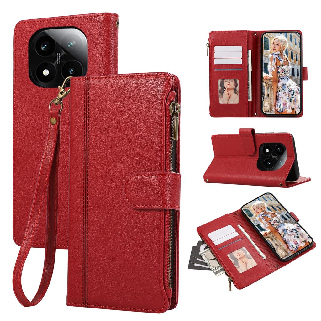 Pouzdro na telefon pro Xiaomi Redmi Note 14 Pro 5G/Note 14 Pro+ 5G/Poco X7 5G s více sloty na karty, kožený kryt na zip s poutkem na zápěstí