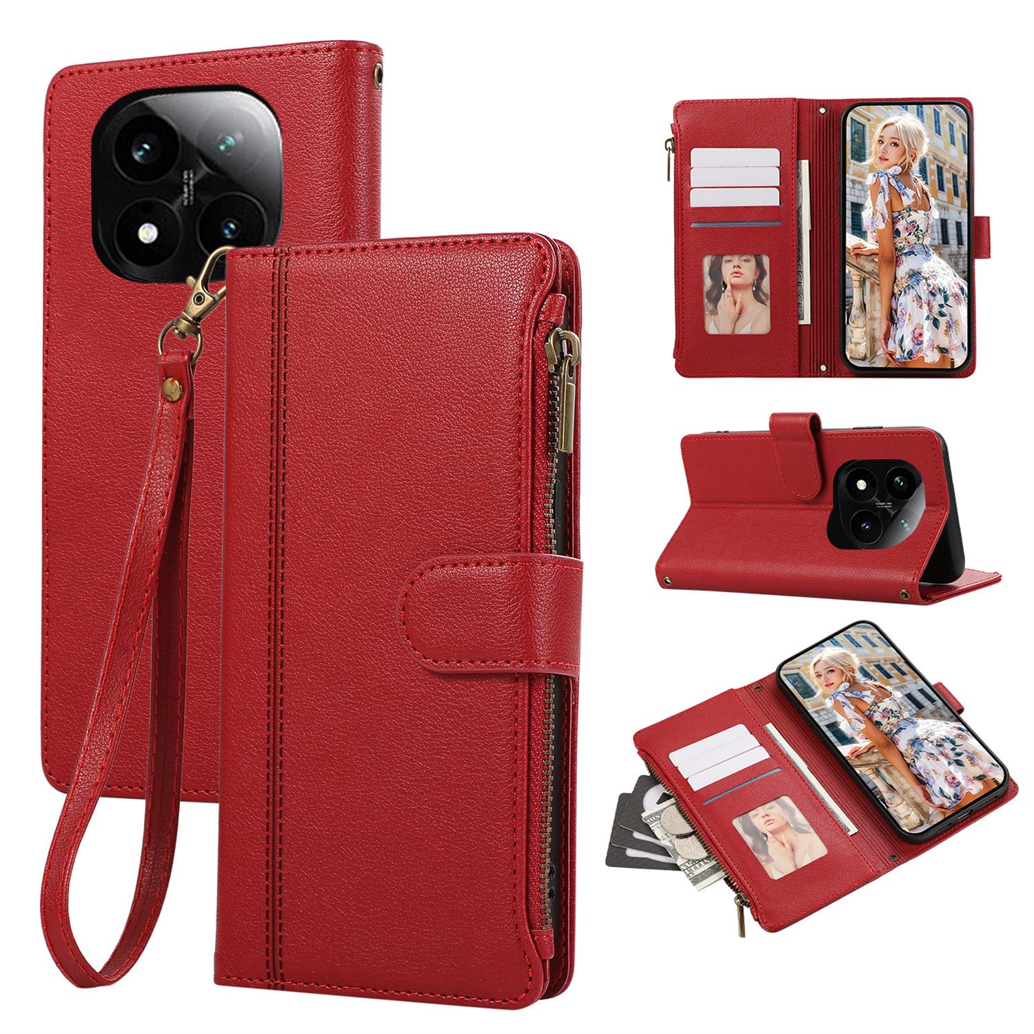

Phone Case For Xiaomi Redmi Note 14 Pro 5G/Note 14 Pro+ 5G/Poco X7 5G Multi Card Slots Zipper Leather Cover with Wrist Strap Red