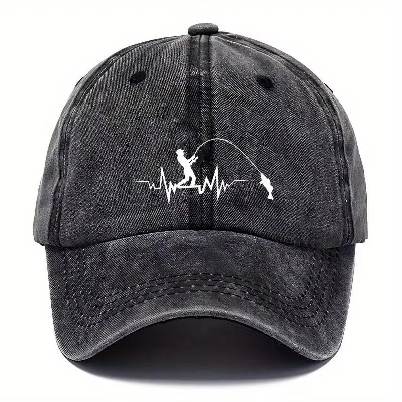 Новая винтажная стираная черная бейсболка с принтом «Сердцебиение рыбака» Модная, универсальная и удобная Adjustable& 8Y
