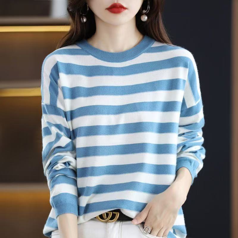O-Neck Stripe Pullovers for Women Spring Autmer Long Sleeve Casual Cotton Soft Thin Sweater T Shirt Girl Korea Fashion Tops