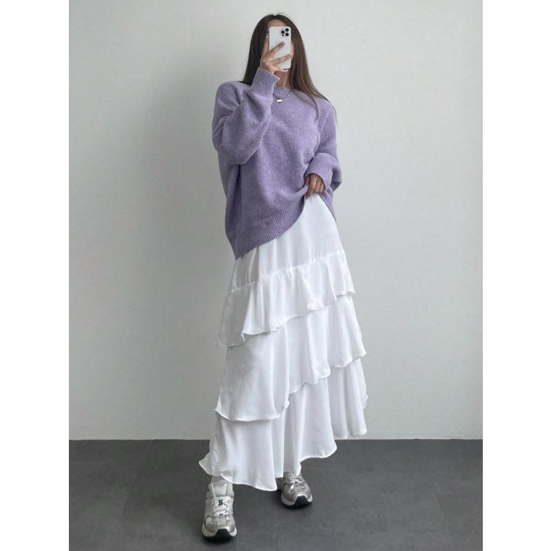 Autumn and winter new simple pullover knitted sweater crew neck sweater women's loose versatile lazy style solid color top tide