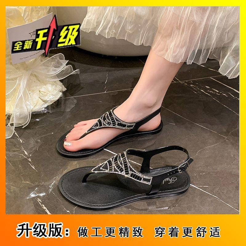 Versatile flat-bottomed casual bohemian beach sandals fashion toe rhinestone sandals women's 2025 summer and autumn new