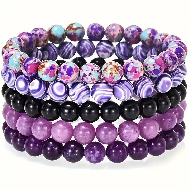 1 Set Vintage Men's Multi Bracelet Set Round Natural Stone  Colorful  Agate Crystal  Women Perfect for Boho Party