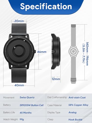 EUTOUR Men's Magnetic Watch with Ball Bearing Design, Quartz Movement, Minimalist Casual Design, Waterproof, 40mm, Black Dial, Black Stainless Steel B