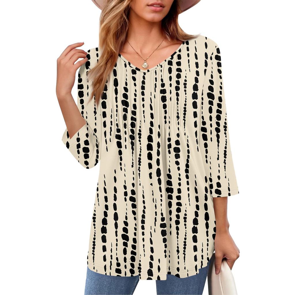 ქალის ტოპები V-კისრით, სამი მეოთხედი სახელოებით, ზოლიანი, პლისირებული, ყოველდღიური, საზაფხულო, მოდური პერანგი ტოპი