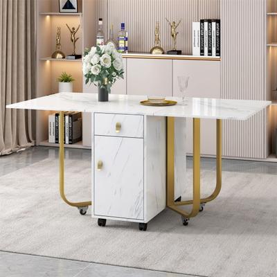 Dining Table with Storage Cabinet Rectangular Moveable 360 Degree Wheels 4 Stable Legs Foldable Kitchen Dining Table Home Furniture