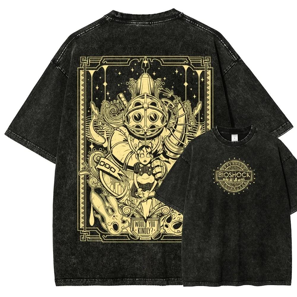 Klassisches Retro-Shooter-Spiel Bioshock Peripheriegeräte Grafikdruck T-Shirt Herren Damen Neu Harajuku Stil T-Shirt Vintage Gewaschenes Baumwolltop