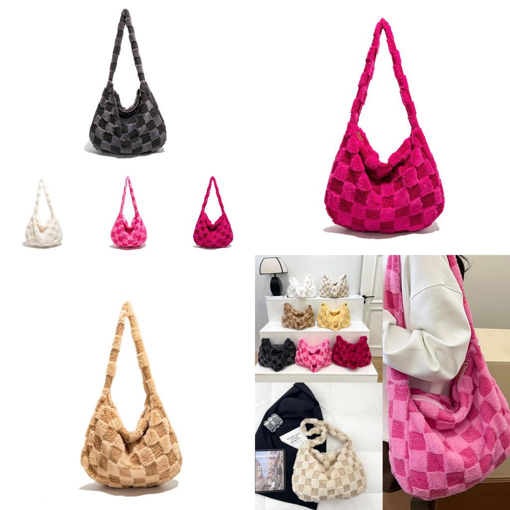 Große Kapazität Kontrastfarbe Gitter Plüschtasche Mit Reißverschluss Für Frauen