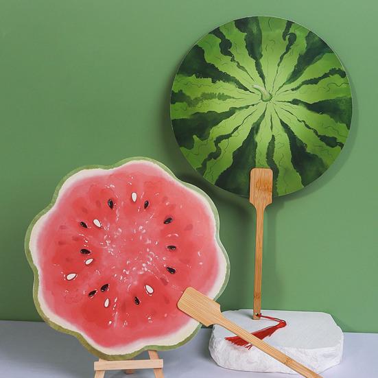 Watermelon Print Round Fan with Wooden Long Handle Portable Lightweight Outdoor Travel Camping Picnic Summer Handheld Paper Fan