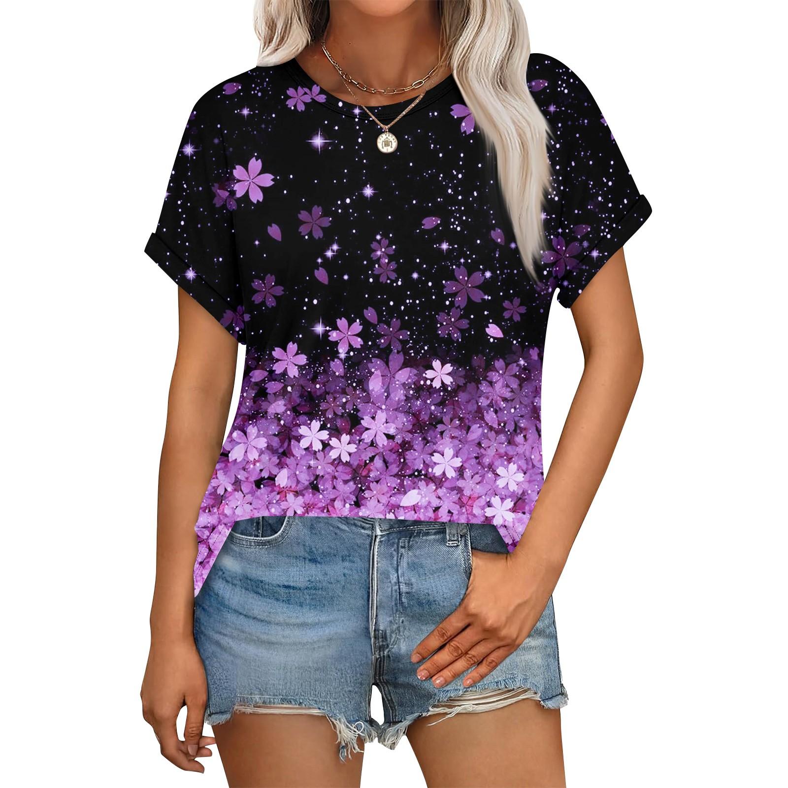 

Женский повседневный модный топ с круглым вырезом и коротким рукавом с цветочным принтом XL арбуз красный