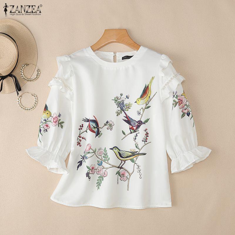 ZANZEA Women Casual Round Neck Loose Print 3/4 Sleeve Blouse