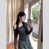 Koreanischer Chic Graues Gestreiftes Off-Shoulder Slim-Fit Damen-T-Shirt