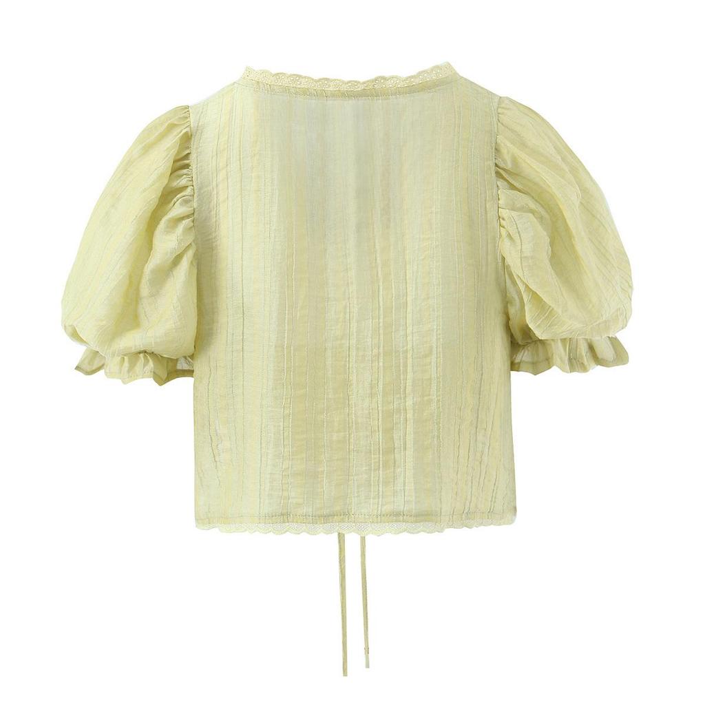 2026 Women's Embroidered Two-Piece Set: Sweet & Spicy Slim Fit Puff Sleeve Lace-Up Shirt + Short Camisole Vest