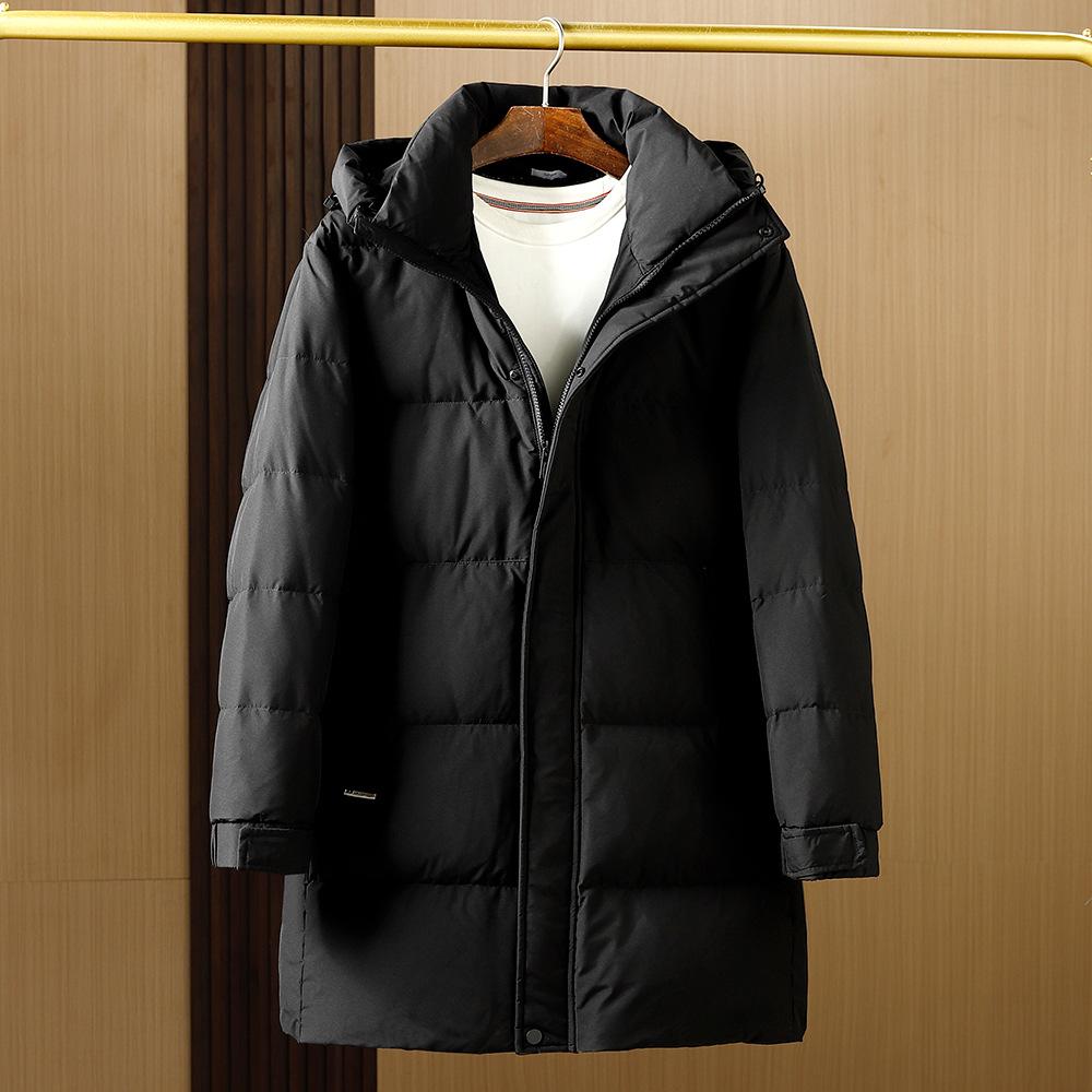 

Зимний пуховик средней длины, толстый, простой, для мужчин, черный, большой капюшон, теплый, мужской, утолщенный, 90% белый утиный пух 190