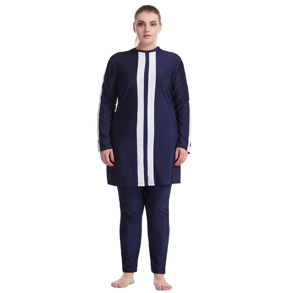 Plus Size Color Block Conservative Muslim Women’s Swimsuit with Sunscreen