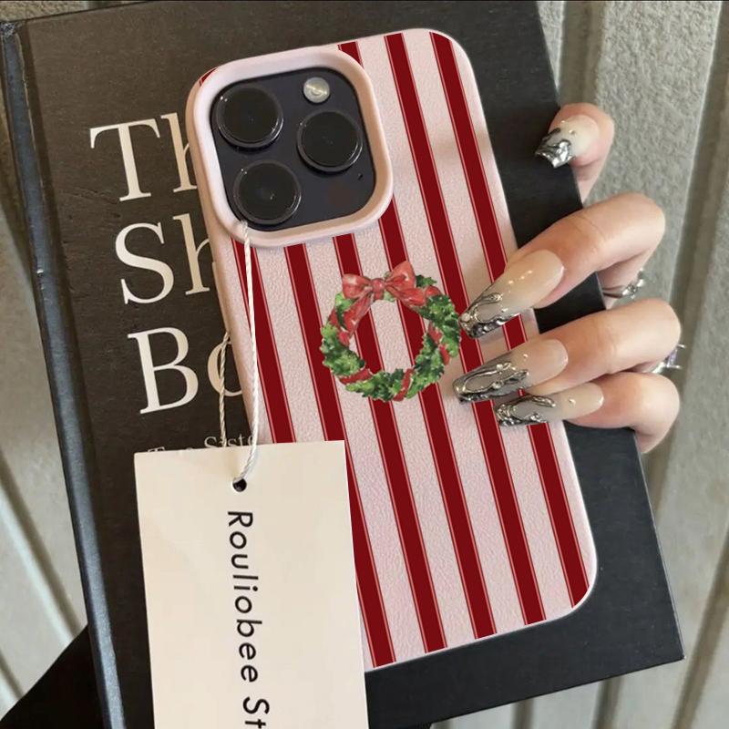 

Red Striped Christmas Wreath Pattern Lychee Texture Phone Case For iPhone 11 12 13 14 15 16 17 Pro Max Plus X XS 16E Soft Cover iPhone 14 Pro