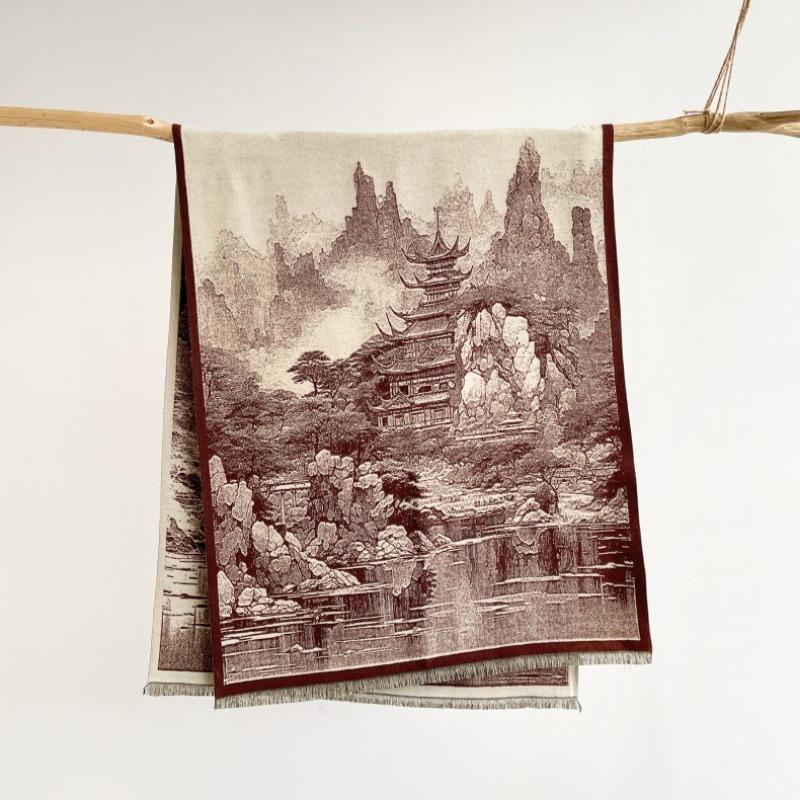 

Vintage medium thickened shawl scarf women s winter high-end imitation cashmere fringed scarf women s travel cape 185X65cm темно-коричневого