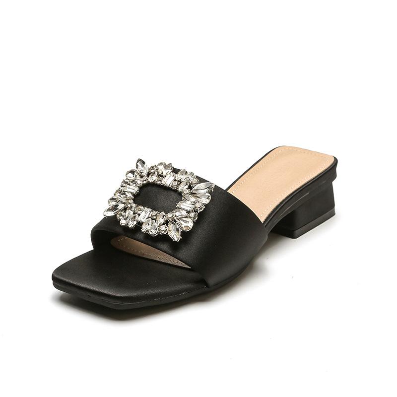 Fashion Elegant Jewel Slides Women Shoes Open Toe Flat Heels Slip On Mules Crystal Slippers Brand Rhinestone Square Buckle Sandals Mujer