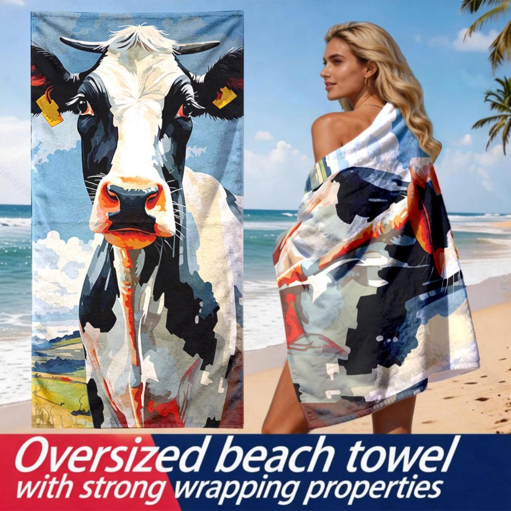 Modern oil painting style of cow pattern polyester microfiber beach towel is highly absorbent, suitable swimming beach outings
