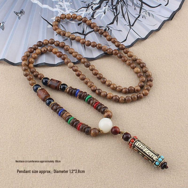 Unisex Retro Ethnic Wooden Necklace Pendant - Versatile Long Sweater Chain and Clothing Accessory