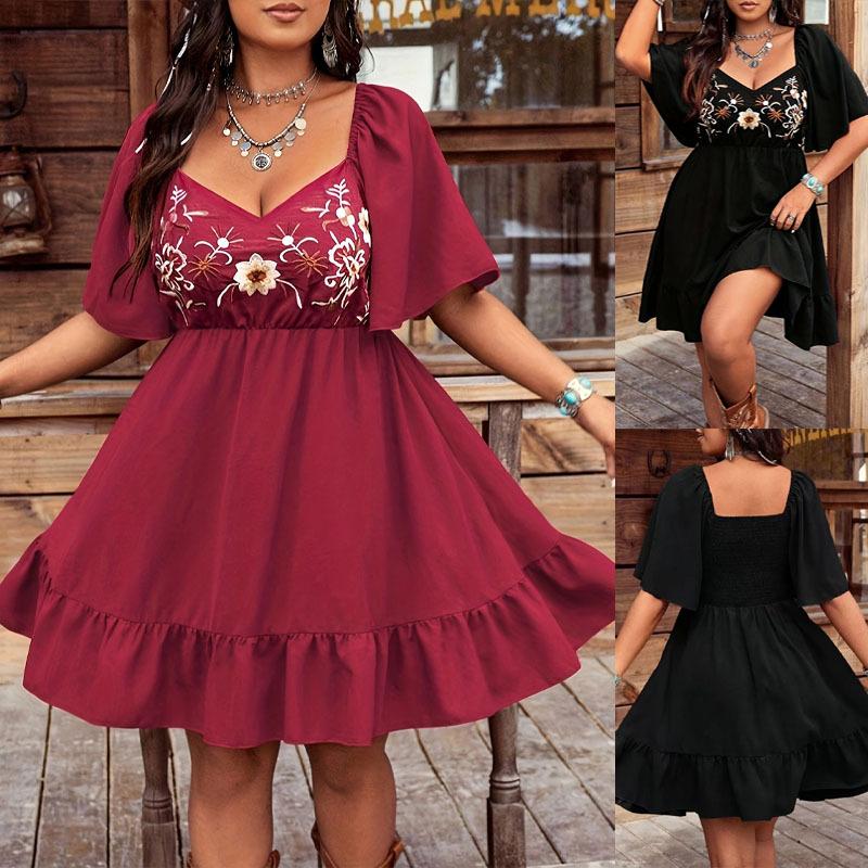 Women's Floral Embroidered Dress Elegant Flared Sleeves Low-cut Knee-length Dress