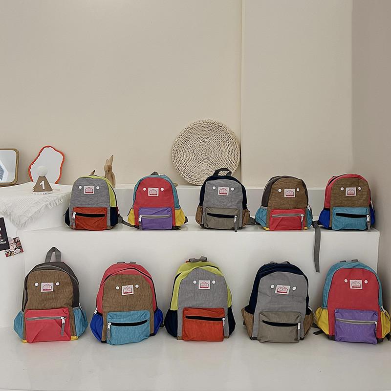 Blocked Canvas Color Backpack With Nylon Simple For Children Backpack Spine
