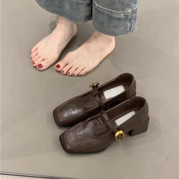 

Туфли на высоком каблуке женские туфли-лодочки новые модные пряжки толстые каблуки с Т-образным ремешком женские туфли на высоком каблуке платформа Мэри Джейн женская обувь 37 коричневый