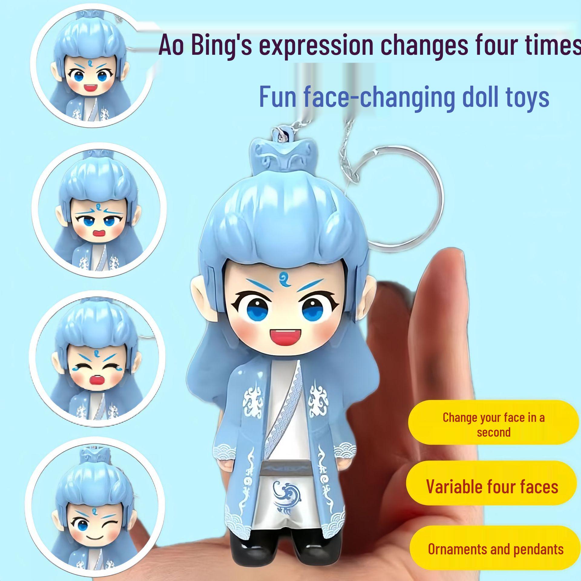 Nezha Ao Bing Face-Changing Doll Keychain: Creative Press-to-Change Face Toy Ornament