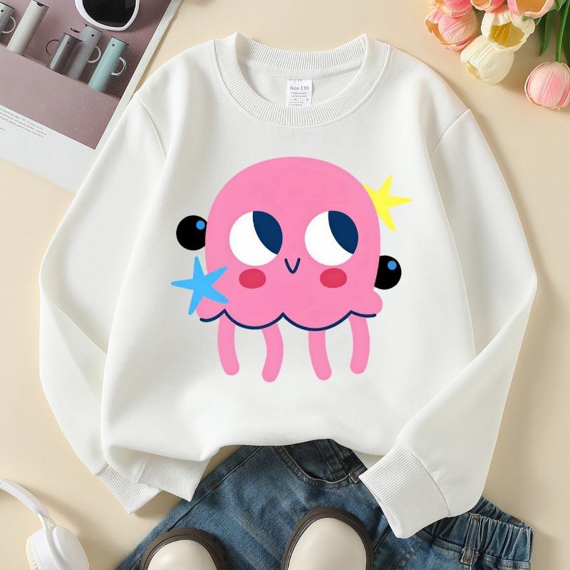 Kids Crewneck Sweatshirt, Cute Pink Octopus with Stars Print, Soft Casual Pullover for Fall Winter