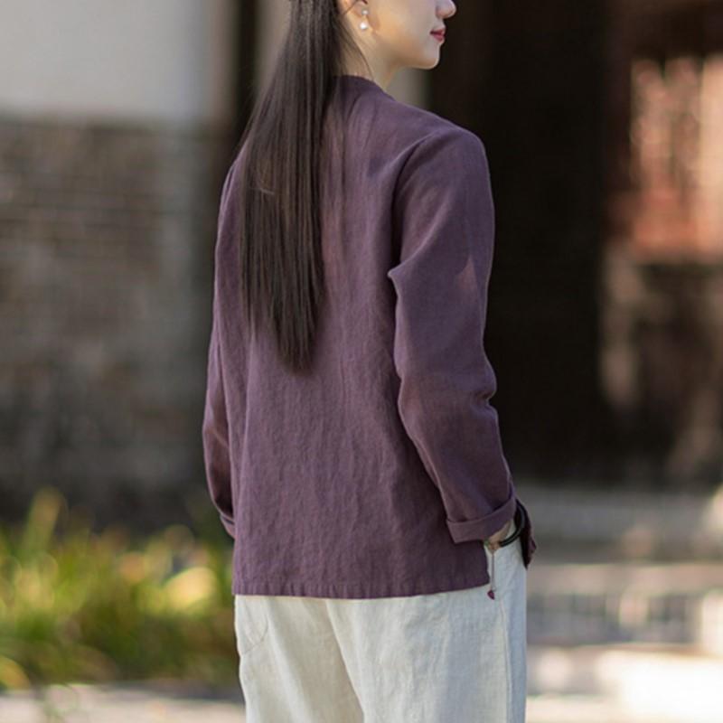 Johnature Women Vintage Shirts Stand Tops Spring Chinese Style Solid Color Long Sleeve Button Female Shirts
