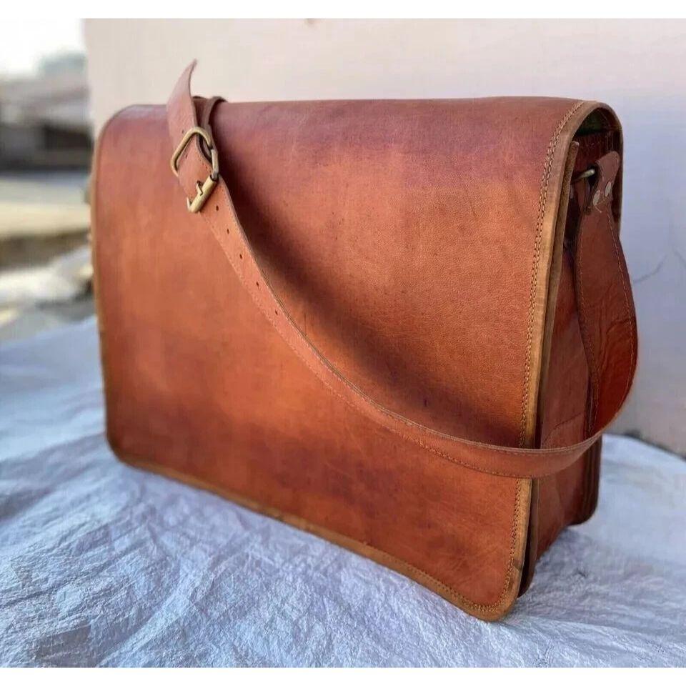Goat Leather Bag Vintage Brown Genuine Messenger Men's Laptop New Satchel Real