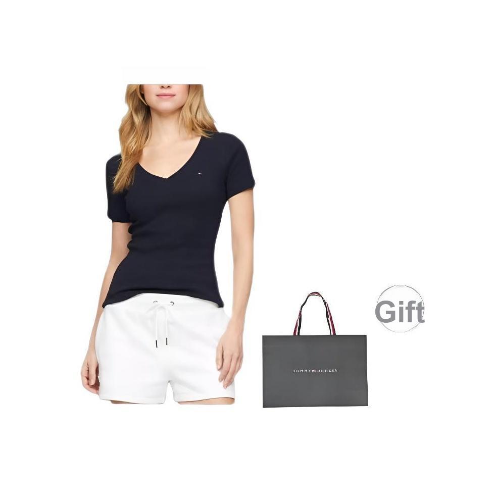 Tommy Hilfiger Solid Color Commuter Logo Embroidered Cotton Casual Versatile American Classic V-Neck Short Sleeve T-Shirt Women tops 76J4871-FAP