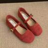 Light mouth red single shoes female spring and autumn new retro gentle fairy suede Mary Jane shoes flat beanie shoes