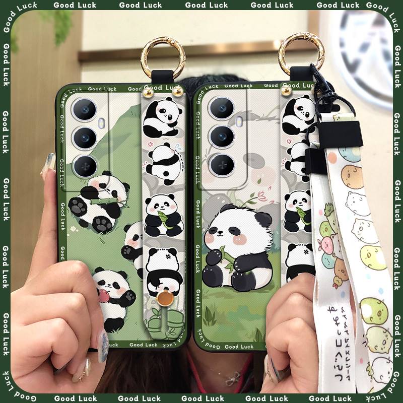 Wrist Strap Ring Phone Case For Realme C65 Waterproof Phone Holder Cute Protective Silicone Back Cover Panda Soft case