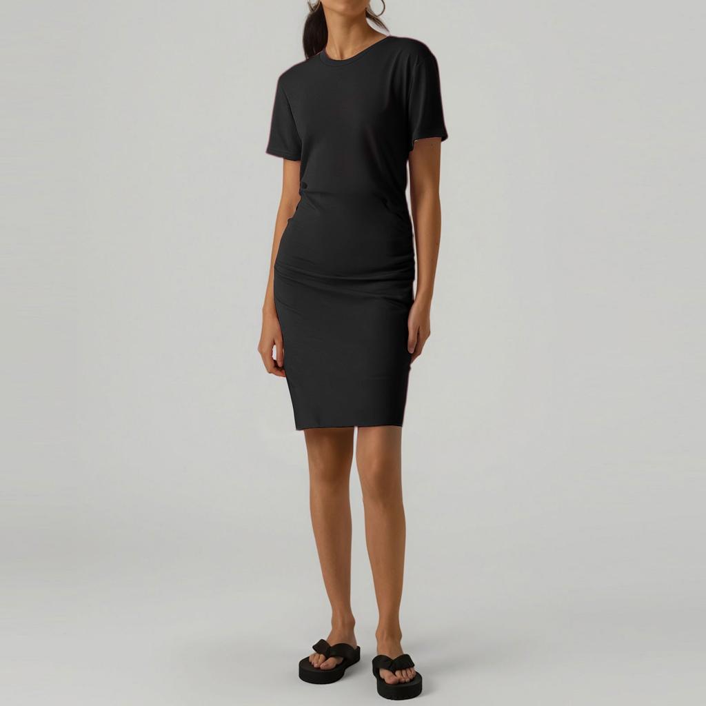 Women's Casual Fashion Summer Short Sleeved Pleated Round Neck Tight Hip Dress